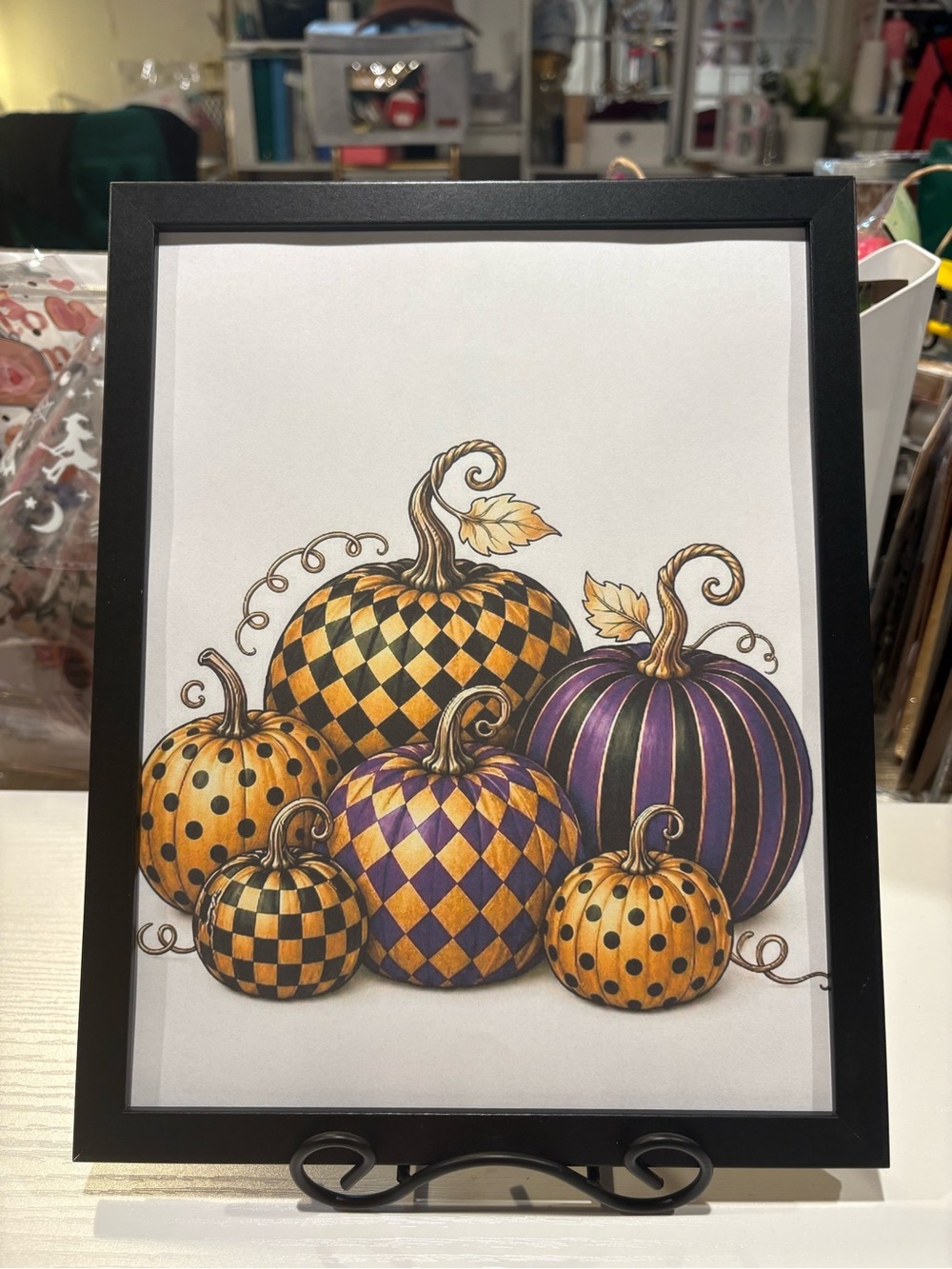 Framed Iconic Checkered Halloween Pumpkin 8x10 Art Print - Black, Purple & Gold